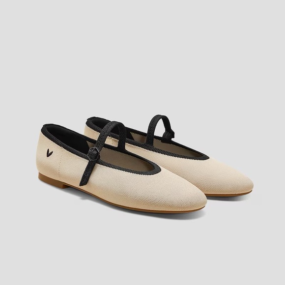 Vivaia Shoes - Women's Beige Almond Toe Vivaia Mary Jane Flats with Black Trim